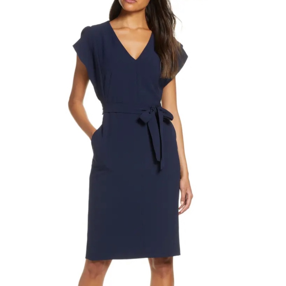 Eliza J Navy V-Neck Belted Sheath Dress